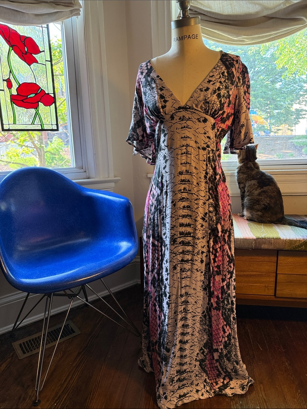 AFRM Pink Black and Cream Snake-Print Maxi Dress